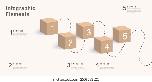 Infográficos de gráfico de processo de negócios com cubos de 5 etapas. Elementos gráficos cúbicos de fluxo de trabalho corporativo. Slide de apresentação do fluxograma da empresa. Infográfico vetorial em design isométrico