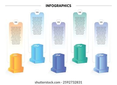 Business process chart infographics with 5 step 3d hexagon. Hexagon corporate workflow graphic elements. Company flowchart presentation slide. Vector info graphic in isometric design