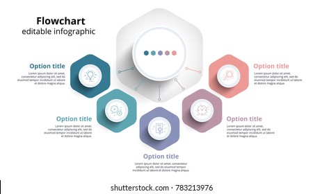 Business process chart infographics with 5 step segments. Circular corporate timeline infograph elements. Company presentation slide template. Modern vector info graphic layout design.