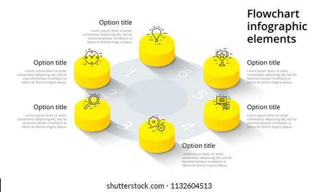 Business Process Chart Infographics With 6 Step Segments. Isometric 3d Corporate Timeline Infograph Elements. Company Presentation Slide Template. Modern Vector Info Graphic Layout Design.