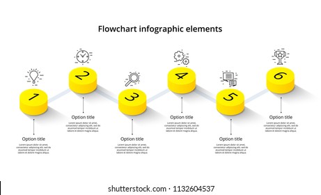 Business process chart infographics with 6 step segments. Isometric 3d corporate timeline infograph elements. Company presentation slide template. Modern vector info graphic layout design.