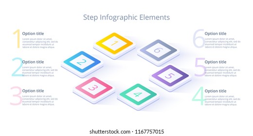 Business process chart infographics with 6 step segments. Isometric 3d corporate timeline infograph elements. Company presentation slide template. Modern vector info graphic layout design.