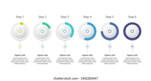 Business process chart infographics with 6 step circles. Circular corporate workflow graphic elements. Company flowchart presentation slide template. Vector info graphic design.