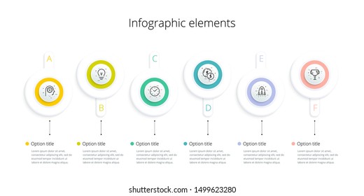 Business process chart infographics with 6 step options. Square corporate workflow graphic elements. Company flowchart presentation slide template. Vector info graphic design.