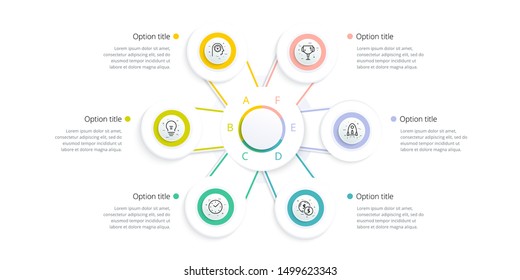 Business process chart infographics with 6 step options. Square corporate workflow graphic elements. Company flowchart presentation slide template. Vector info graphic design.