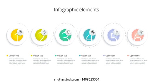 Business process chart infographics with 6 step options. Square corporate workflow graphic elements. Company flowchart presentation slide template. Vector info graphic design.