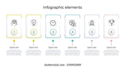 Business process chart infographics with 6 step rectangles. Rectangular corporate workflow graphic elements. Company flowchart presentation slide template. Vector info graphic design.