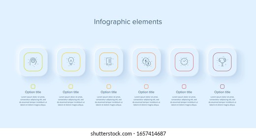 Business process chart infographics with 6 steps in neumorphism design. Square corporate workflow graphic elements. Company flowchart presentation slide template. Vector info graphic.