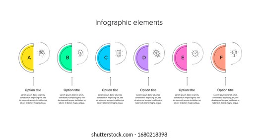 Business process chart infographics with 6 step circles. Circular corporate workflow graphic elements. Company flowchart presentation slide template. Vector info graphic design.