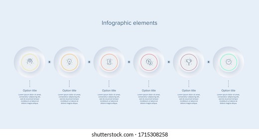 Business process chart infographics with 6 steps in neumorphism design. Circle corporate workflow graphic elements. Company flowchart presentation slide template. Vector info graphic.