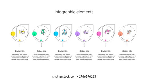 Business process chart infographics with 6 step circles. Circular corporate workflow graphic elements. Company flowchart presentation slide template. Vector info graphic design.