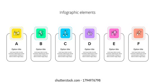 Business process chart infographics with 6 step rectangles. Rectangular corporate workflow graphic elements. Company flowchart presentation slide template. Vector info graphic design.
