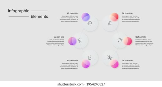 Infografiken zu Geschäftsprozessen mit 6 Stufenkreisen. Circular Corporate Workflow-Grafikelemente. Präsentation des Firmendiagramms Vektorgrafik im Glasmorphismus-Design.