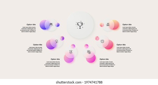 Business process chart infographics with 6 step circles. Circular corporate workflow graphic elements. Company flowchart presentation slide. Vector info graphic in glassmorphism design.