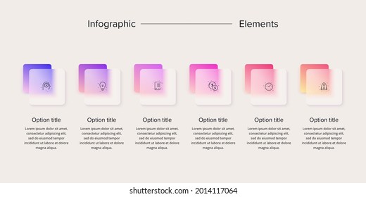 Business process chart infographics with 6 step squares. Rectangular corporate workflow graphic elements. Company flowchart presentation slide. Vector info graphic in glassmorphism design.