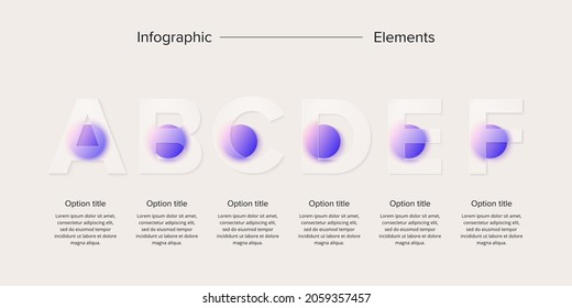 Business process chart infographics with 6 step circles. Circular corporate workflow graphic elements. Company flowchart presentation slide. Vector info graphic in glassmorphism design.