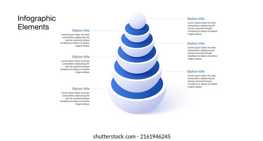 Business process chart infographics with 6 step spheres. Pyramid workflow graphic elements. Company flowchart presentation slide. Vector info graphic in isometric design.
