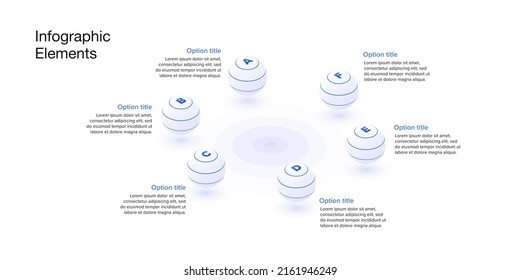 infografía de la gráfica de procesos empresariales con 6 esferas de pasos. Elementos gráficos de flujo de trabajo esférico. diapositiva de presentación del diagrama de flujo de la empresa. Gráfico informativo vectorial en diseño isométrico.