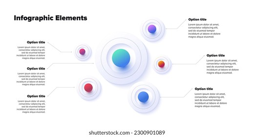 Business process chart infographics with 6 step spheres. Round workflow graphic elements. Company flowchart presentation slide. Vector info graphic in isometric design