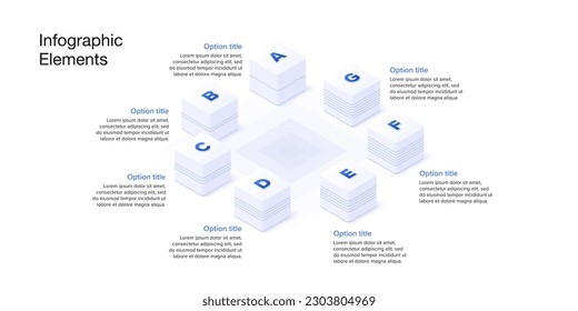 Business process chart infographics with 6 step cubes. Cubic corporate workflow graphic elements. Company flowchart presentation slide. Vector info graphic in isometric design.