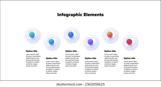 infografía de la gráfica de procesos empresariales con 6 esferas de pasos. Elementos gráficos de flujo de trabajo de redondeo. diapositiva de presentación del diagrama de flujo de la empresa. Gráfico informativo vectorial en diseño isométrico