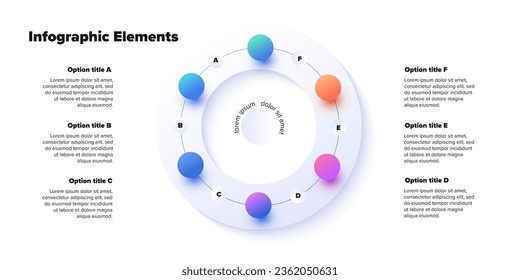 Business process chart infographics with 6 step spheres. Round workflow graphic elements. Company flowchart presentation slide. Vector info graphic in isometric design