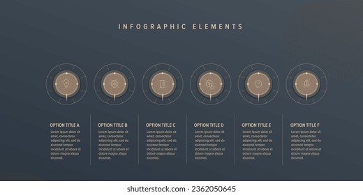 Business process chart infographics with 6 step circles. Round workflow graphic elements. Company flowchart presentation slide. Vector info graphic in flat design