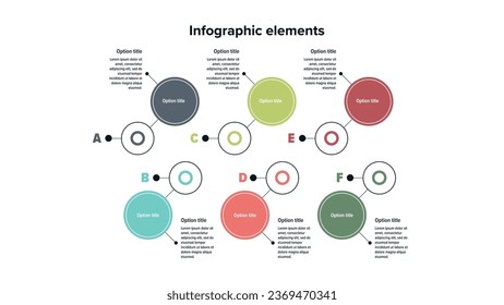 infografías de la gráfica de procesos empresariales con círculos de 6 pasos. Elementos gráficos de flujo de trabajo de redondeo. diapositiva de presentación del diagrama de flujo de la empresa. Gráfico informativo vectorial en diseño plano