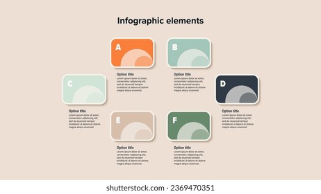 Business process chart infographics with 6 step squares. Rectangular workflow graphic elements. Company flowchart presentation slide. Vector info graphic in flat design