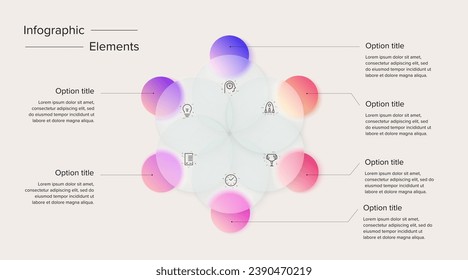 Business process chart infographics with 6 step circles. Circular corporate workflow graphic elements. Company flowchart presentation slide. Vector info graphic in glassmorphism design.