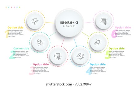 Business process chart infographics with 6 step segments. Circular corporate timeline infograph elements. Company presentation slide template. Modern vector info graphic layout design.