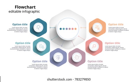 Business process chart infographics with 6 step segments. Circular corporate timeline infograph elements. Company presentation slide template. Modern vector info graphic layout design.