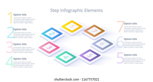 Business process chart infographics with 7 step segments. Isometric 3d corporate timeline infograph elements. Company presentation slide template. Modern vector info graphic layout design.