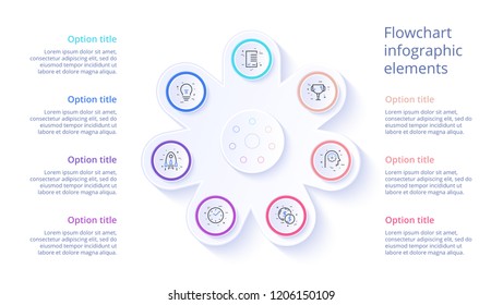 Business process chart infographics with 7 step segments. Circular corporate timeline infograph elements. Company presentation slide template. Modern vector info graphic layout design.