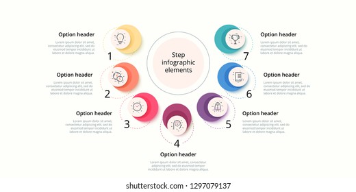 Business Process Chart Infographics With 7 Step Circles. Circular Corporate Workflow Graphic Elements. Company Flowchart Presentation Slide Template. Vector Info Graphic Design.