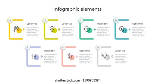 Business process chart infographics with 7 step rectangles. Rectangular corporate workflow graphic elements. Company flowchart presentation slide template. Vector info graphic design.