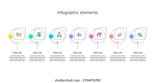 infografías de la gráfica de procesos empresariales con 7 círculos de pasos. Elementos gráficos circulares del flujo de trabajo corporativo. Plantilla de presentación del diagrama de flujo de la empresa. Diseño gráfico de información vectorial.