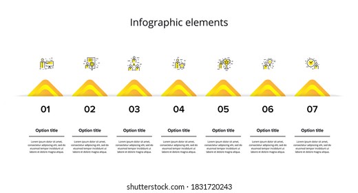 Business process chart infographics with 7 steps. Corporate workflow scheme graphic elements. Company flowchart presentation slide template. Vector info graphic design.