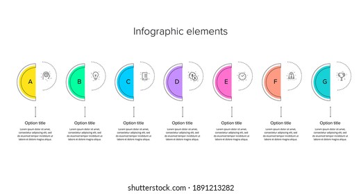 infografías de la gráfica de procesos empresariales con 7 círculos de pasos. Elementos gráficos circulares del flujo de trabajo corporativo. Plantilla de presentación del diagrama de flujo de la empresa. Diseño gráfico de información vectorial.