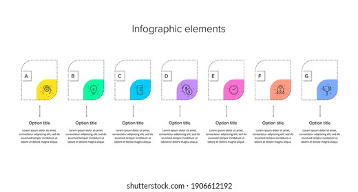 Business process chart infographics with 7 step rectangles. Rectangular corporate workflow graphic elements. Company flowchart presentation slide template. Vector info graphic design.
