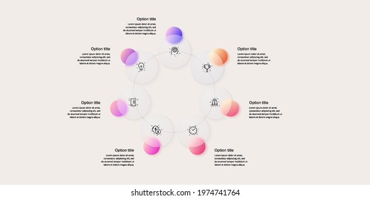 Business process chart infographics with 7 step circles. Circular corporate workflow graphic elements. Company flowchart presentation slide. Vector info graphic in glassmorphism design.