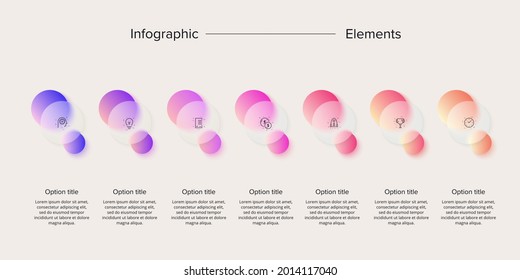 Business process chart infographics with 7 step circles. Circular corporate workflow graphic elements. Company flowchart presentation slide. Vector info graphic in glassmorphism design.