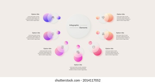 Business process chart infographics with 7 step circles. Circular corporate workflow graphic elements. Company flowchart presentation slide. Vector info graphic in glassmorphism design.