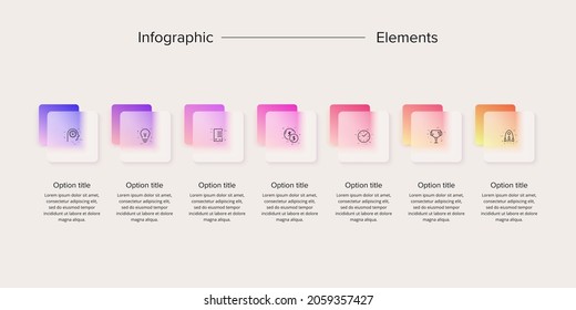 Business process chart infographics with 7 step squares. Rectangular corporate workflow graphic elements. Company flowchart presentation slide. Vector info graphic in glassmorphism design.