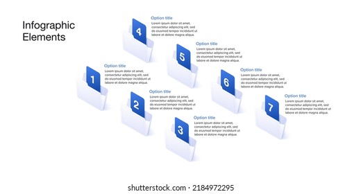 Business process chart infographics with 7 step folders. Corporate workflow graphic elements. Company flowchart presentation slide. Vector info graphic in isometric design.