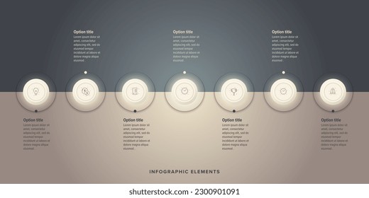 Business process chart infographics with 7 step circles. Round workflow graphic elements. Company flowchart presentation slide. Vector info graphic in flat design