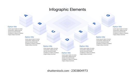 Business process chart infographics with 7 step cubes. Cubic corporate workflow graphic elements. Company flowchart presentation slide. Vector info graphic in isometric design.