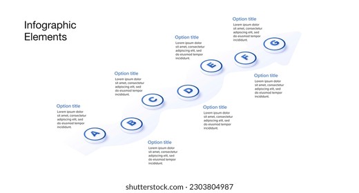 Business process chart infographics with 7 step circles. Circular workflow graphic elements. Company flowchart presentation slide. Vector info graphic in isometric design.