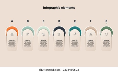 Business process chart infographics with 7 step circles. Round workflow graphic elements. Company flowchart presentation slide. Vector info graphic in flat design