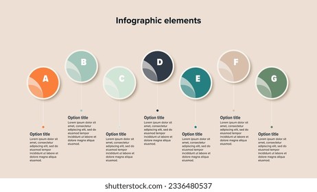 Business process chart infographics with 7 step circles. Round workflow graphic elements. Company flowchart presentation slide. Vector info graphic in flat design